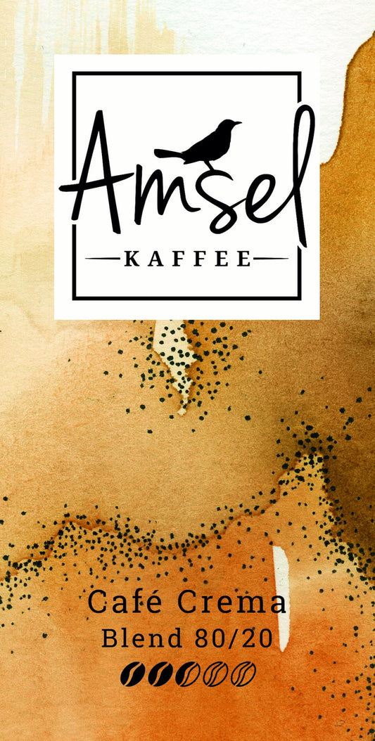 Café Crema Blend 80/20 von Amsel Kaffee – ausgewogener Blend mit Karamellnoten, würziger Robusta-Nuance und langem, vollmundigem Abgang