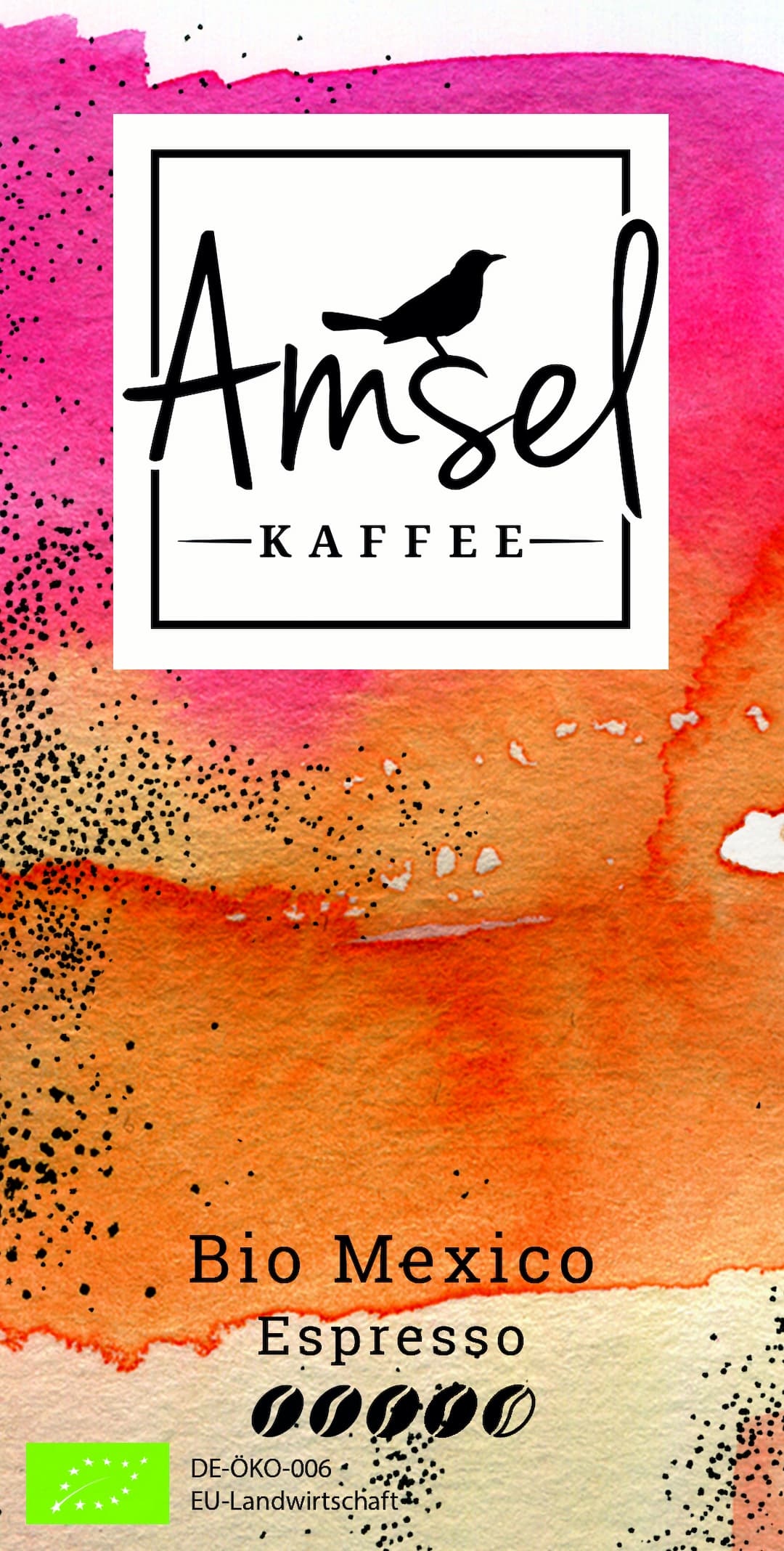 Bio Espresso aus 100 % Mexico Arabica, Full City Roast, kein italienischer Röstgrad. Kräftiger Omniroast für Siebträger und drucklose Zubereitung. Aromen von Bitterschokolade, Mandel, roter Stachelbeere und feiner Würze.