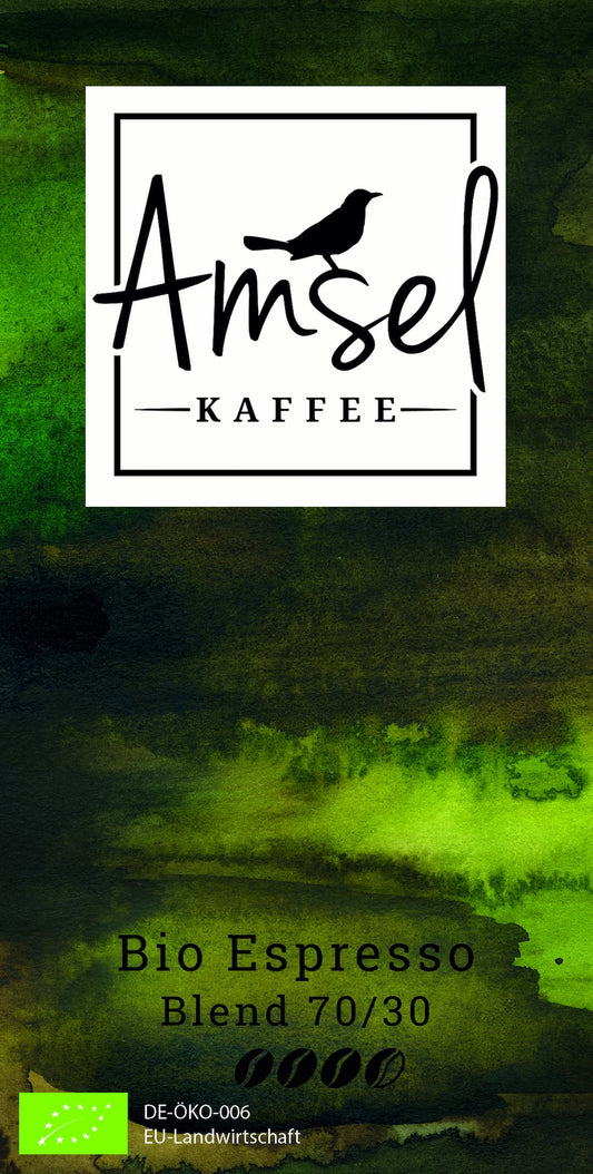 Bio Espresso Blend 70/30 von Amsel Kaffee – kräftiger Full City Roast mit schokoladigen Noten, milder Säure und fuchsroter Crema